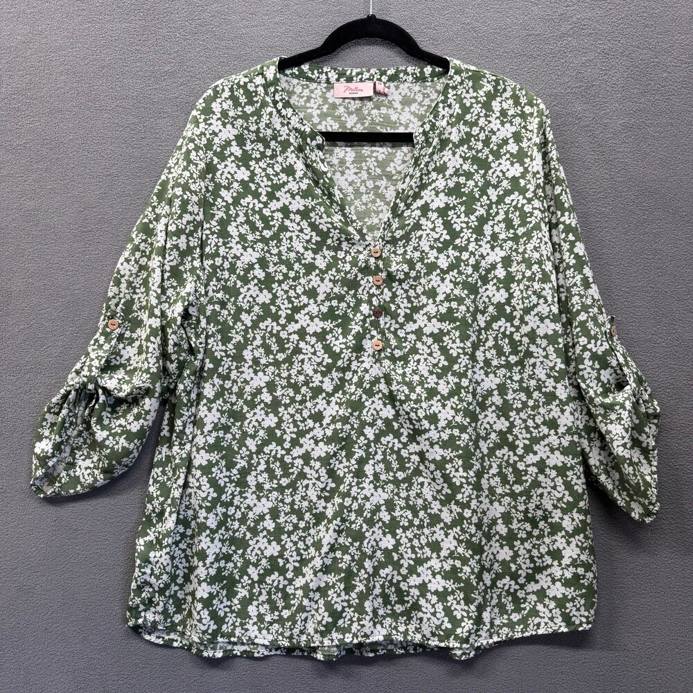 Millers Floral Loose Fit Roll Sleeve Green Top Womens 18 Casual V Neck